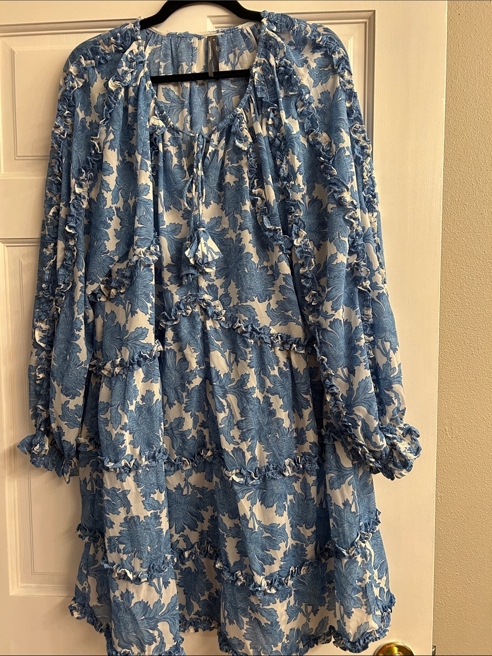 Anthropologie Blue and White Floral Ruffled Dress